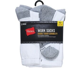 6 pairs Hanes Men's works crew Socks in White and Gray.12-14